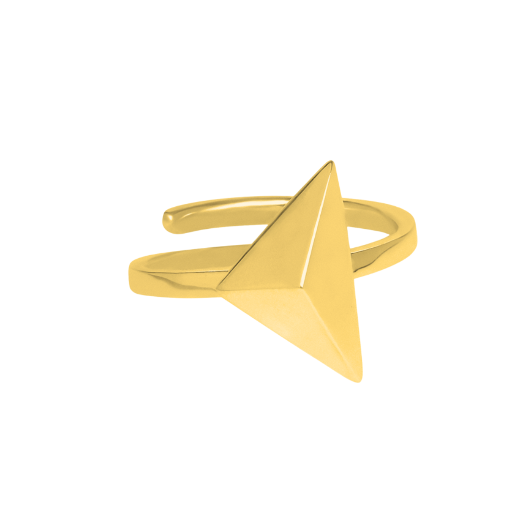 The Atria Ring by Gallardo & Blaine Designs features an open band and a bold 3D pyramid centerpiece, making it the perfect geometric statement piece for jewelry lovers.