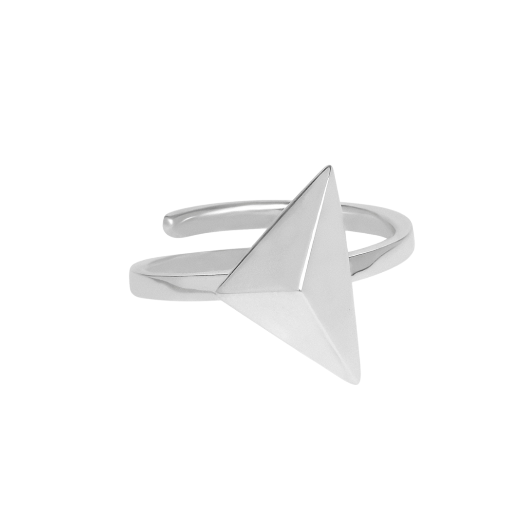The Atria Ring by Gallardo & Blaine Designs is a silver adjustable ring with an open band, featuring a bold raised geometric pyramid centerpiece—a standout piece of jewelry.