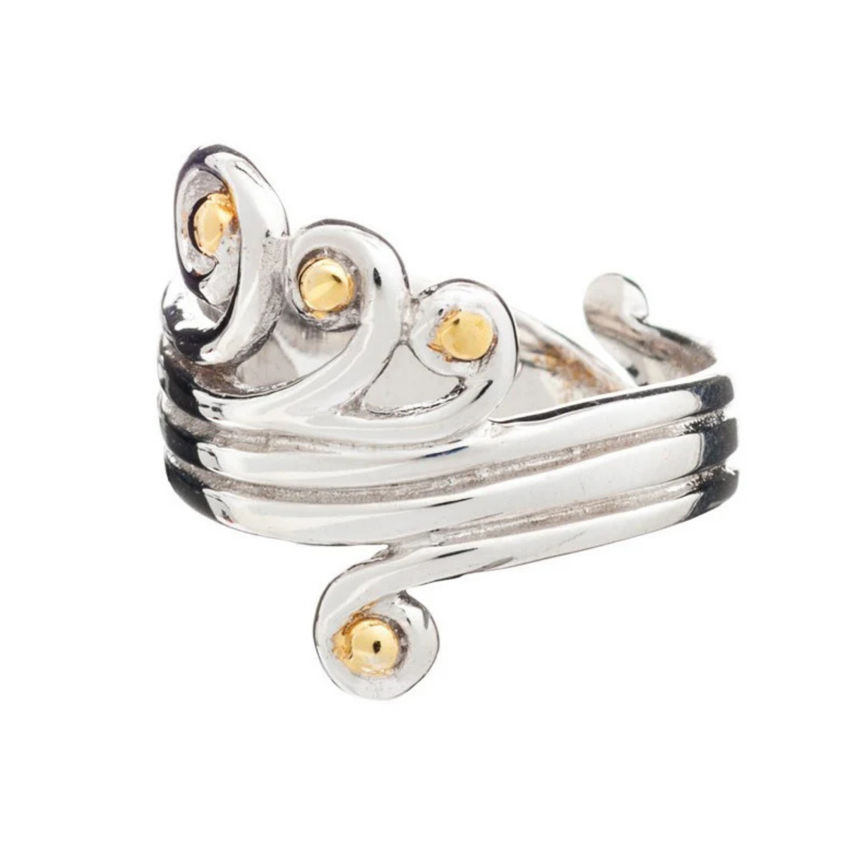 A **Crown Ring** with a swirling, intricate design featuring several small, round, gold vermeil accents. The adjustable sterling silver ring by **Gallardo & Blaine Designs** showcases a blend of silver and gold elements, creating an elegant and ornate app