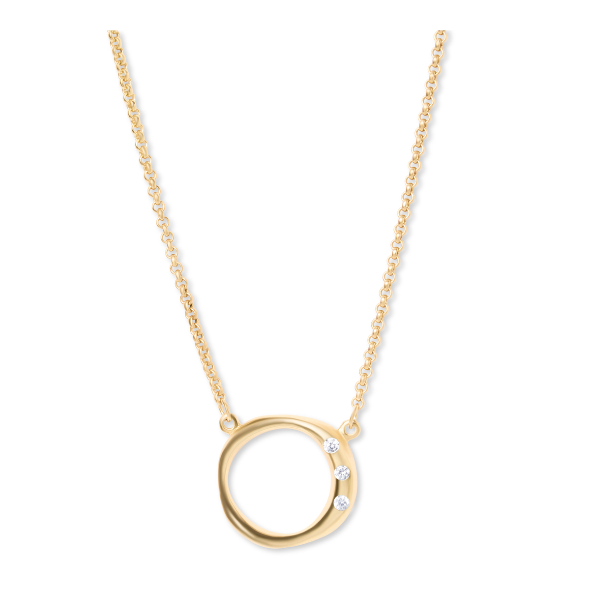 The Cualli Necklace by Gallardo & Blaine Designs features a gold-plated circular pendant adorned with three small, sparkling cubic zirconia gemstones set on one side, elegantly displayed on a white background.