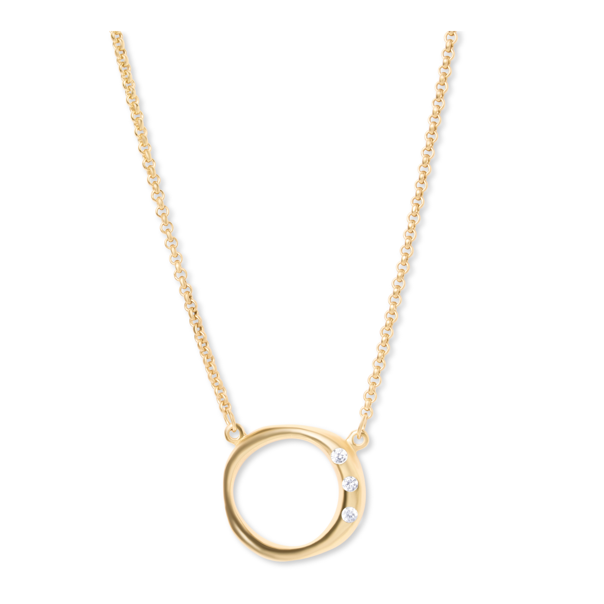 Showcasing the Cualli Pendant & chain by Gallardo & Blaine Designs, this gold necklace features a delicate chain and a circular sterling silver pendant adorned with three sparkling cubic zirconia stones elegantly set along one side. Photographed against a