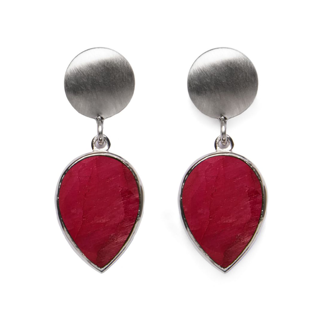 The Daira Earrings by Gallardo & Blaine Designs showcase teardrop gemstones with round sterling silver tops and dangling red stones set in silver against a white background.