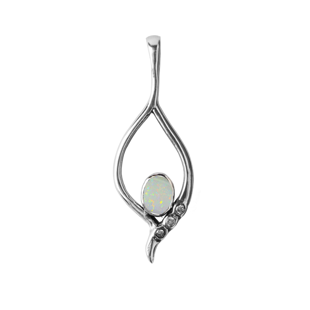 Discover the Desert Star Pendant by Gallardo & Blaine Designs—a sterling silver open teardrop featuring your choice of gemstone and three round accents on one side near the base.