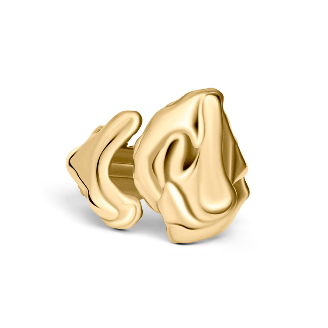 The Blaze Ring by Madeleine Sculptural Jewellery features a fluid, abstract, and wavy design that resembles melted metal, highlighting expert hand-carved artistry against a simple white background.