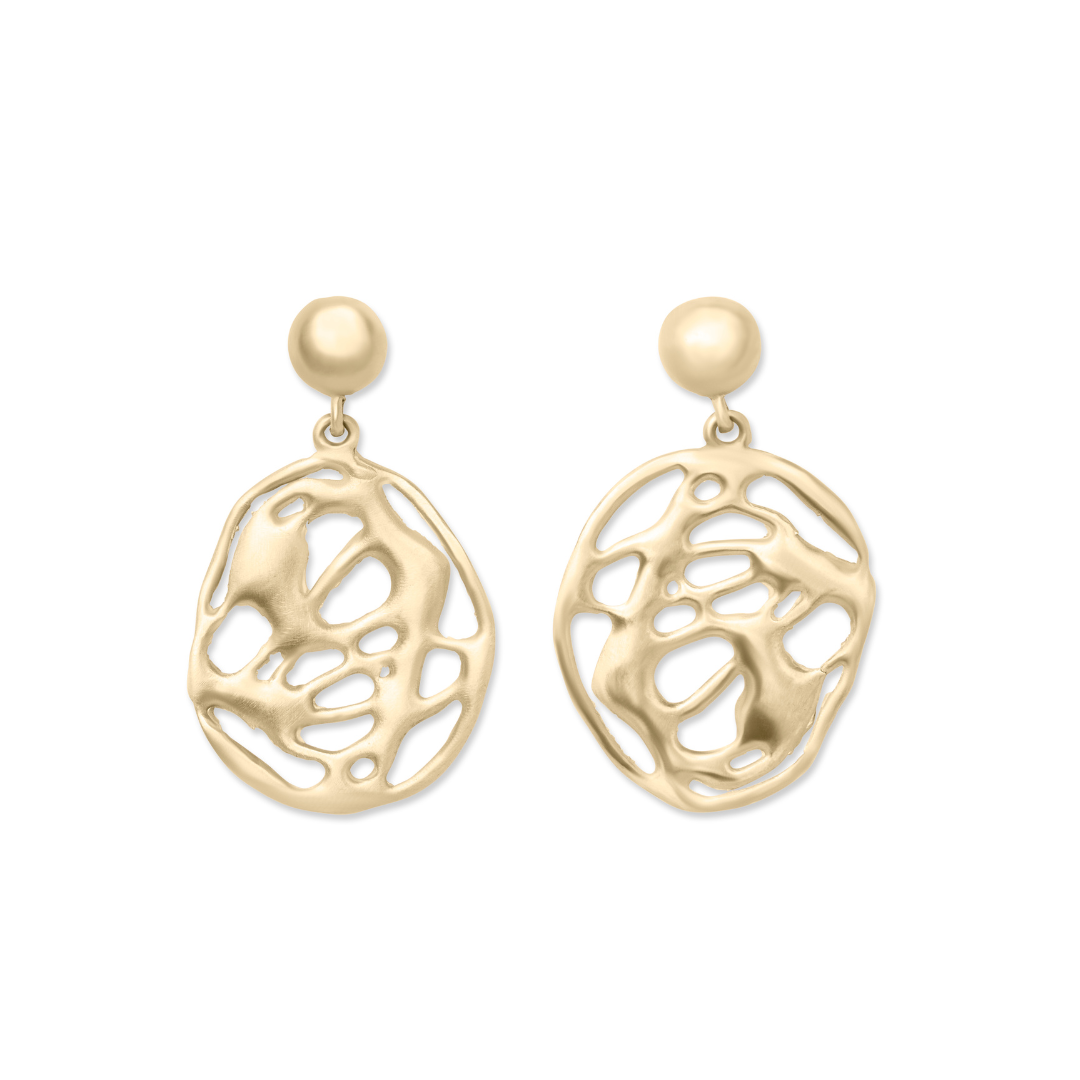 The Molten Drop Earrings by Madeleine Blaine are a pair of gold earrings featuring round studs and large, irregular, abstract openwork oval drops. Hand-carved with an organic, freeform design, these earrings showcase unique artisanal craftsmanship that en
