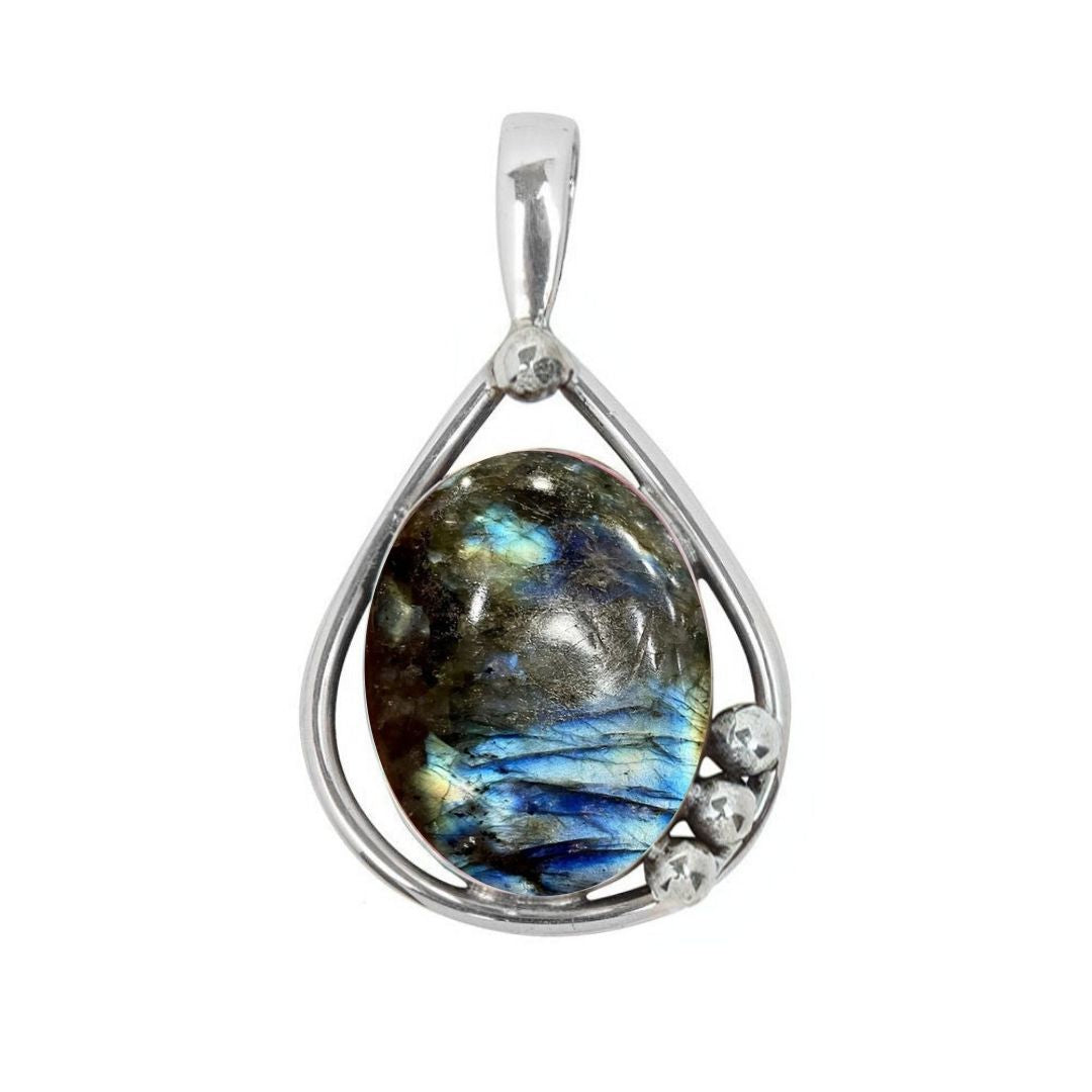 The Poppy Pendant Small by Gallardo & Blaine Designs is teardrop-shaped in sterling silver and gold, showcasing an oval labradorite gemstone with blue-green flashes and three silver bead accents.