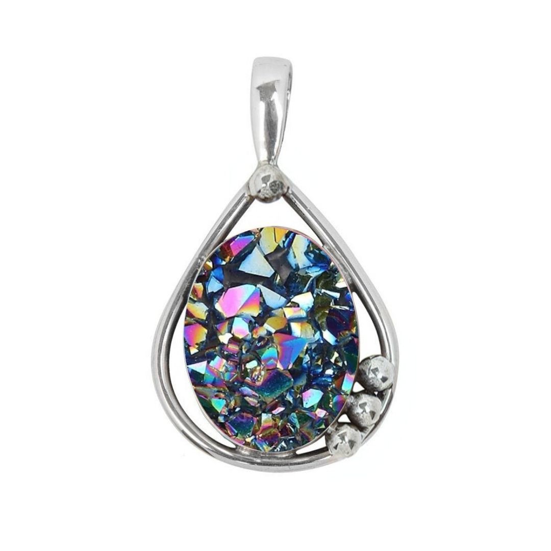 The Poppy Pendant Small by Gallardo & Blaine Designs features a teardrop-shaped sterling silver and gold setting with an iridescent oval gemstone center and three small silver beads on one side.