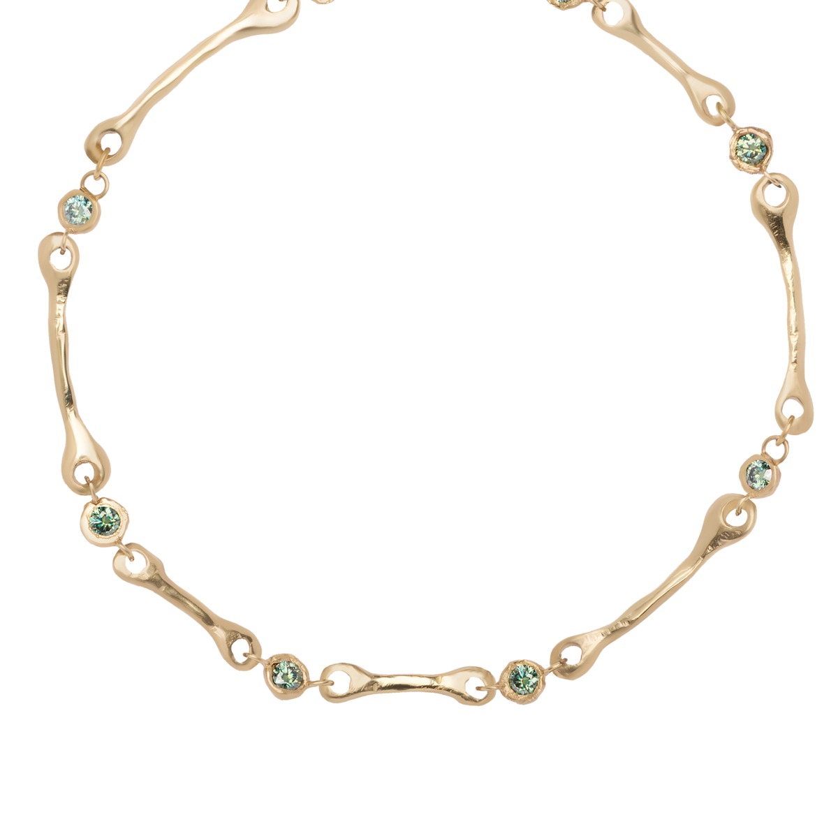 A gold Madeleine Blaine Relic Necklace features wavy, bone-inspired links accented by round, light blue gemstones evenly distributed along its design, showcased against a white background. This piece radiates vintage elegance, making it a premium accessor