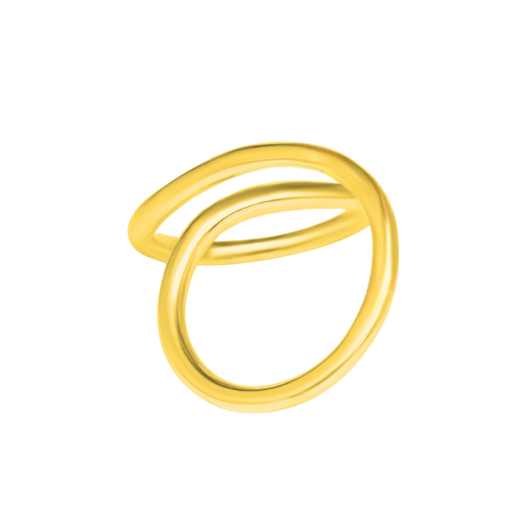 The Sea Honey Ring by Gallardo & Blaine Designs is a minimalist gold piece with two intertwined, oval-shaped loops and a polished finish, displayed against a white background.