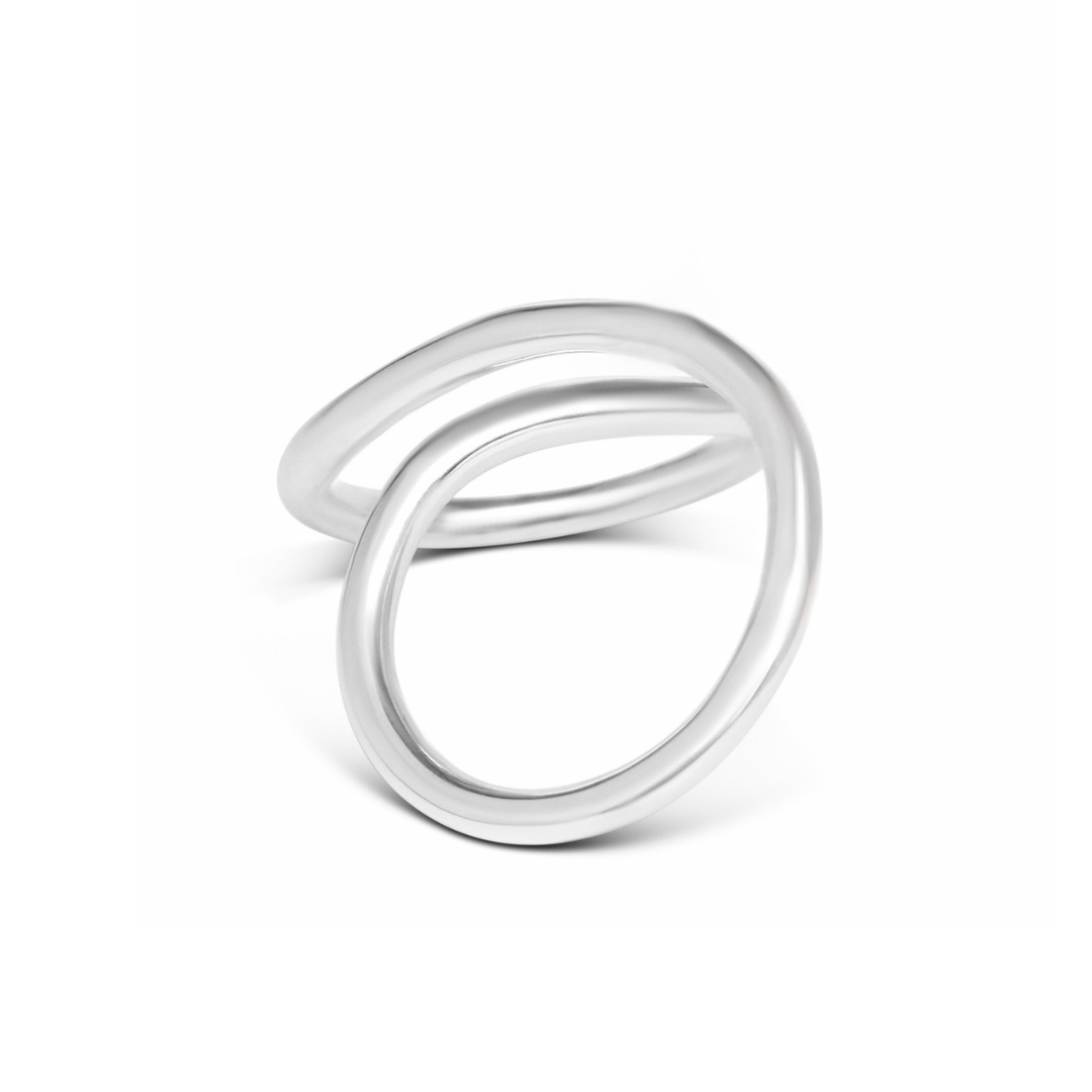 The Sea Honey Ring by Gallardo & Blaine Designs features two overlapping, irregular sterling silver loops for an open, modern look, shown against a plain white background.