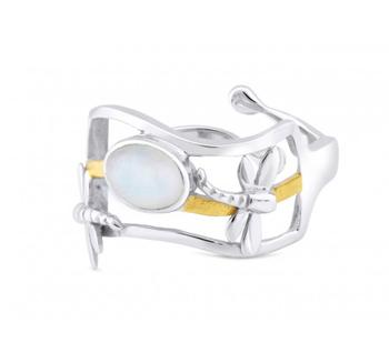 A Small Dragonfly Ring in various gemstones by Gallardo & Blaine Designs with an open, intricate design featuring a central oval-shaped, pale gemstone. The adjustable band includes a slim gold-toned accent running through it, wavy and twisted elements, an