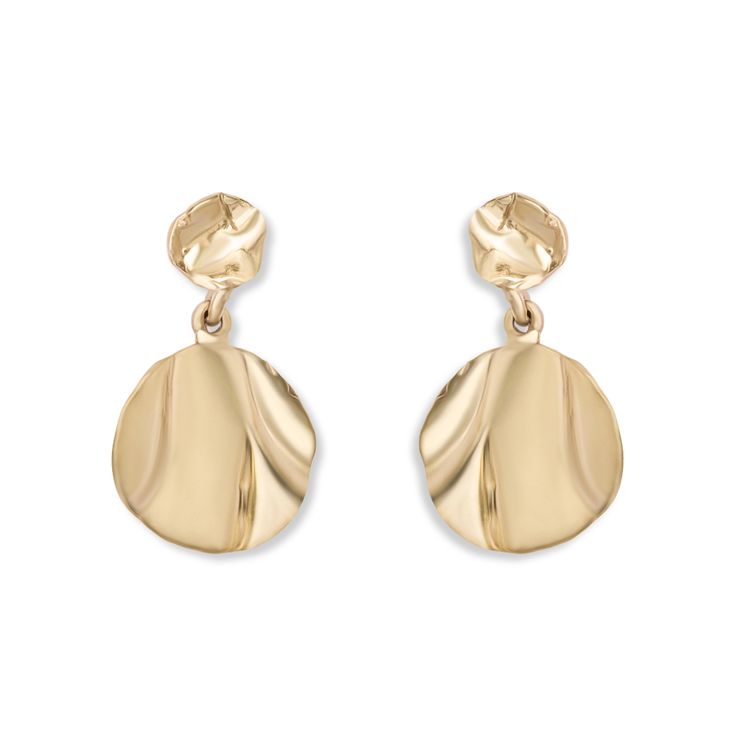 Madeleine Blaine’s Tide Drop Earrings feature an abstract, crumpled design on both the stud and dangle, hand-carved in Dublin to beautifully showcase the unique artistry of Irish jewelry. Shown against a white background.