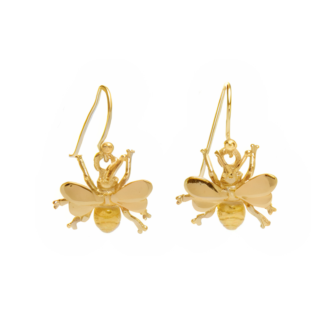Watermelon Tropical's Wildlife Bee Dangle Earrings in gold or silver feature detailed bees with wings, legs, and antennae—perfect for wildlife jewelry lovers.