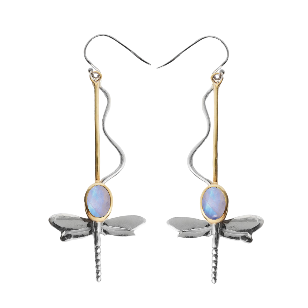 The Willow Earrings in Various Gemstones by Gallardo & Blaine Designs feature silver dragonfly dangles with shimmering wings, a gold stem, a central oval opal, and curved wire hooks for an elegant finish.