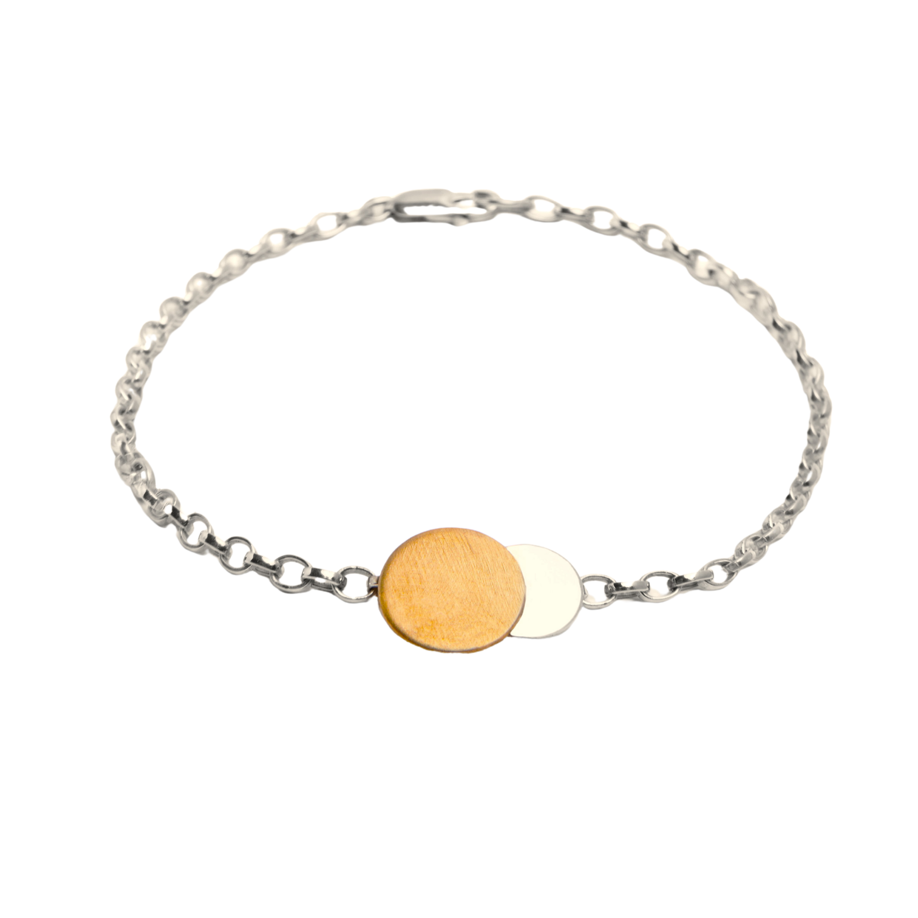 Discover the Gallardo & Blaine Designs Archeol Bracelet in Sterling Silver & Gold Vermeil with a delicate silver bracelet featuring two overlapping circular disks at its center, one in gold vermeil and the other in silver. The chain has small, uniform lin