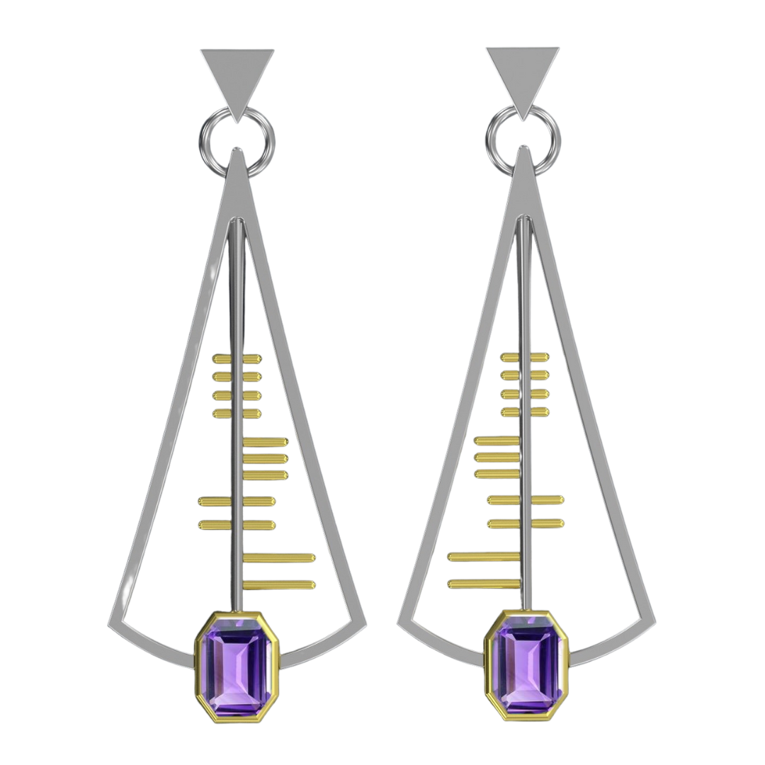 The Adeline Earrings by Gallardo & Blaine Designs are a contemporary accessory showcasing modern geometric styles with triangular sterling silver frames and delicate concentric gold lines inside. Each earring features a small purple rectangular gemstone a
