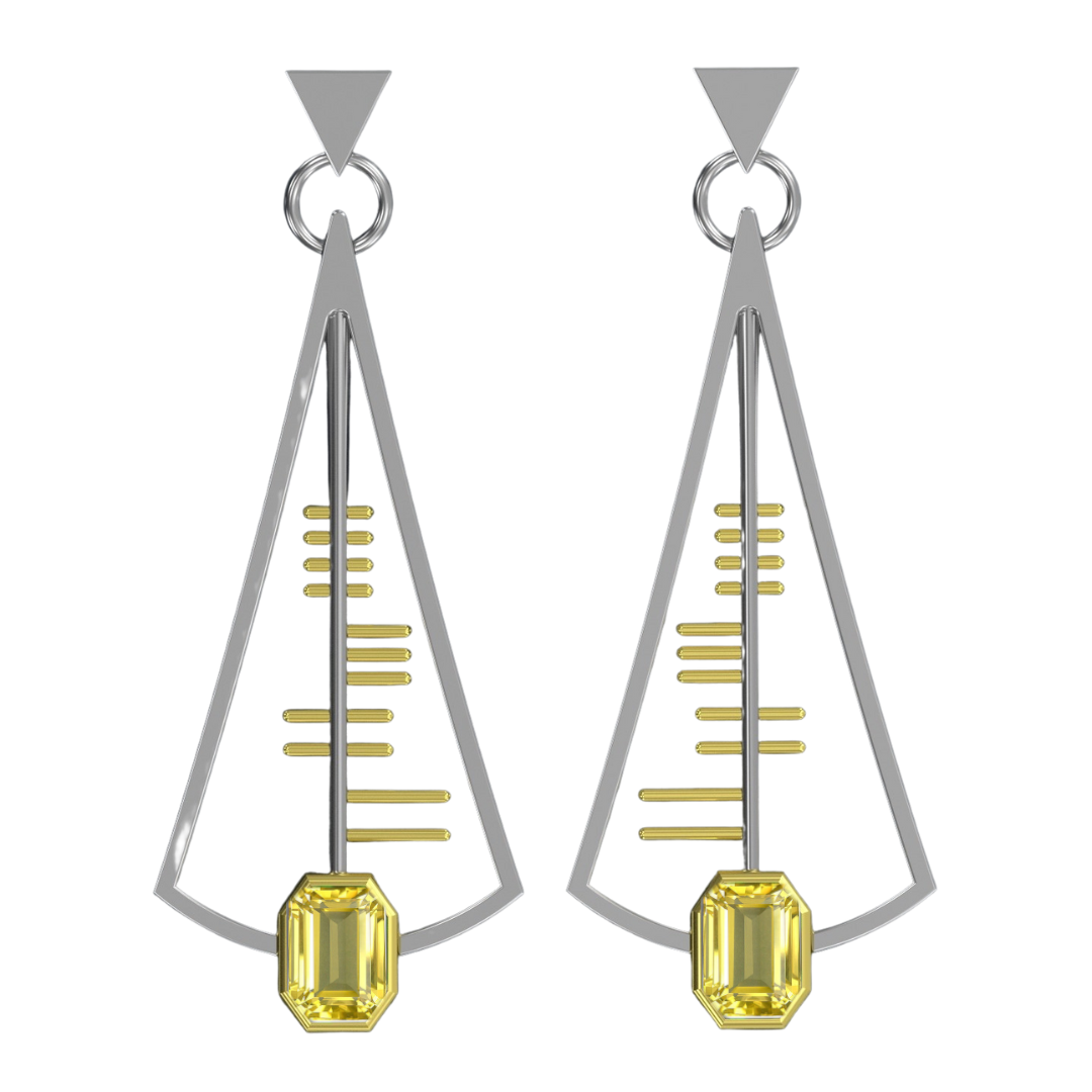 The Adeline Earrings from Gallardo & Blaine Designs are modern, geometric accessories featuring open triangular designs with sterling silver frames. Each earring is adorned with gold vertical lines inside the triangle and a rectangular yellow gemstone at