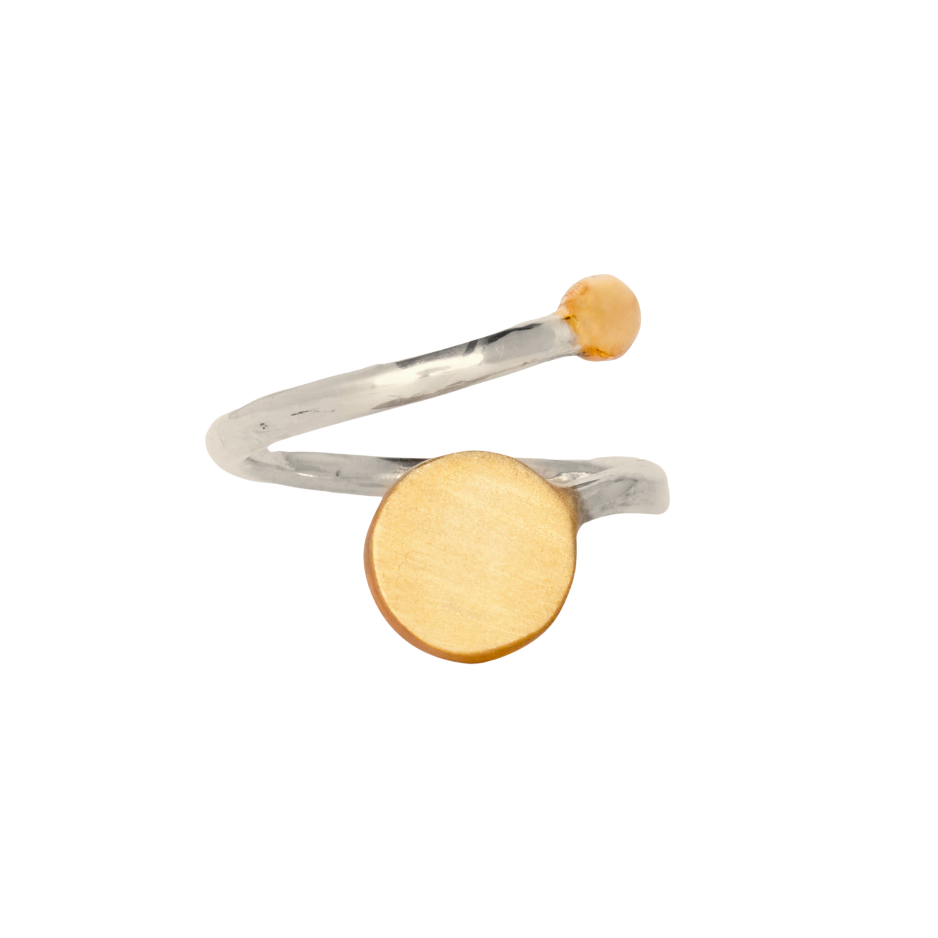 The Archeol Ring in Sterling Silver & Gold Vermeil by Gallardo & Blaine Designs features a minimalist design with a small round amber stone on one end and a larger flat circular gold vermeil disk on the other. The band is slightly twisted for a modern, so