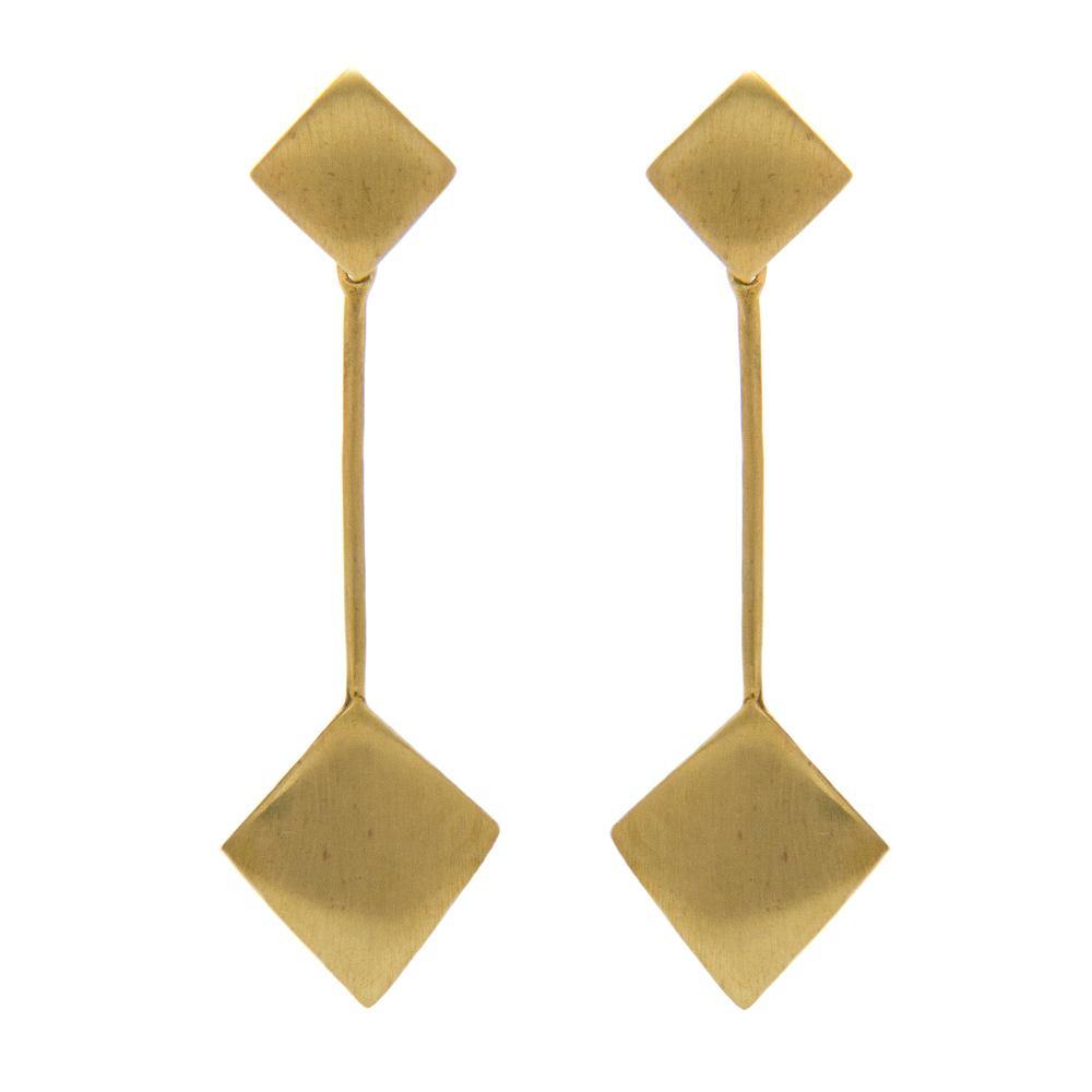 A pair of Art Deco Earrings In Gold Vermeil by Gallardo & Blaine Designs featuring small diamond-shaped studs at the top connected by a straight bar to larger diamond-shaped dangles at the bottom. The minimalist and elegant design evokes a touch of Art De