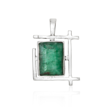 The Gallardo & Blaine Designs Art Deco Pendant in various gemstones is a geometric, Art Deco pendant crafted from sterling silver, featuring a large rectangular green gemstone, possibly an emerald, set in the center. The silver frame showcases clean, mode