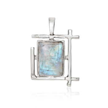 A rectangular Art Deco Pendant in various gemstones featuring an iridescent gemstone set in a modern, geometric sterling silver frame with overlapping straight lines. The gemstone appears to have shades of blue and green with hints of other colors. This e
