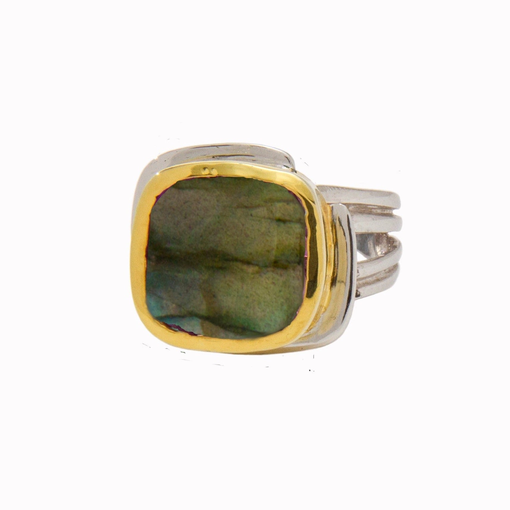 A Gallardo & Blaine Designs Art Deco Ring in Silver Gold & various gemstones featuring a square-shaped labradorite gemstone with a golden bezel setting. The labradorite displays greenish-blue hues. The Art Deco-inspired band has multiple silver strands me