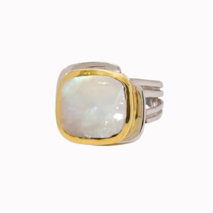 A stunning piece from Gallardo & Blaine Designs, the Art Deco Ring in Silver Gold & various gemstones boasts a large, square-cut iridescent gemstone set in a gold vermeil bezel. The sterling silver triple band design stands out beautifully against the pla