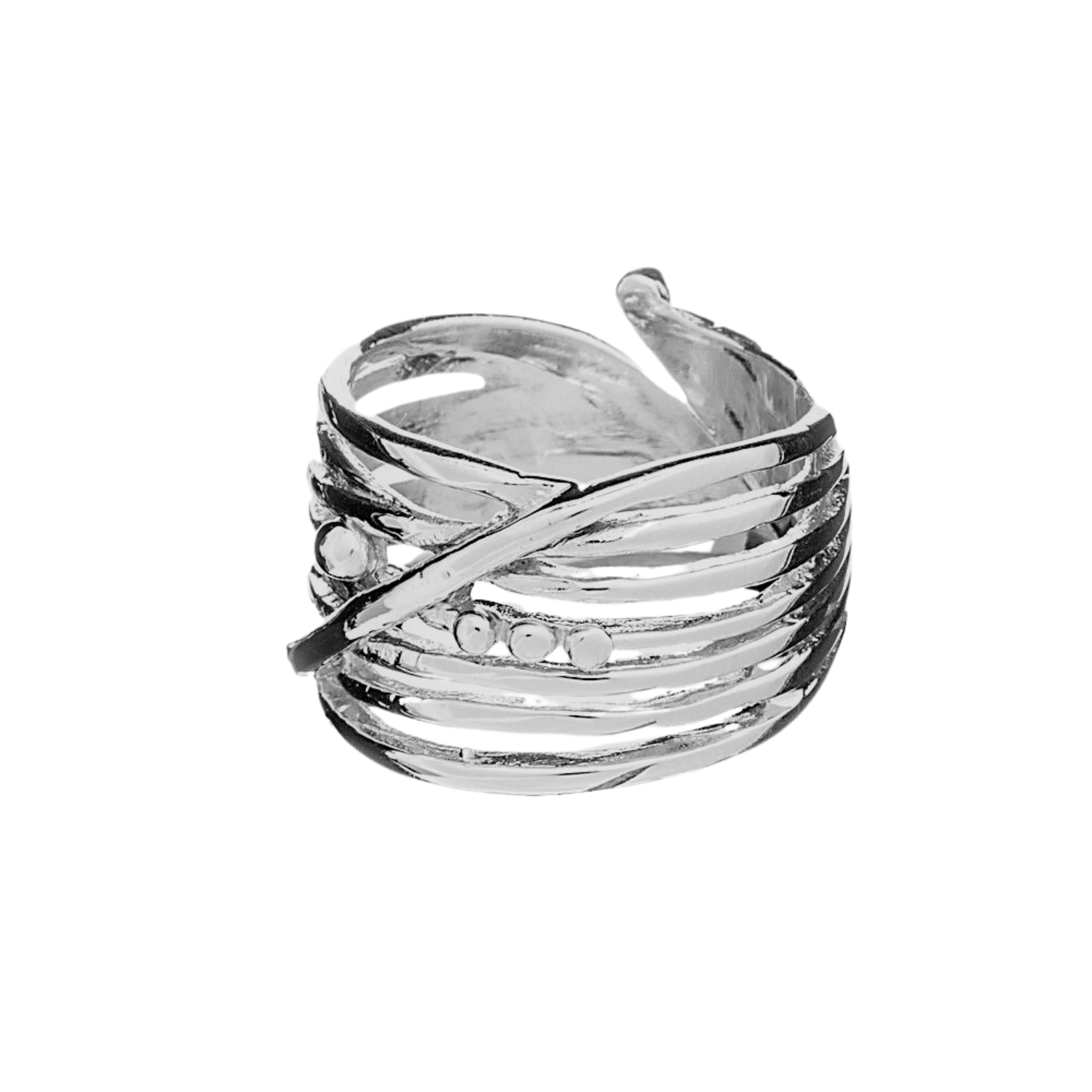 A close-up of the Bamboo Ring in Sterling Silver & Gold Vermeil by Gallardo & Blaine Designs featuring an intricate design. The sterling silver ring has a wide band with multiple overlapping strips arranged in a crisscross pattern. Small circular embellis