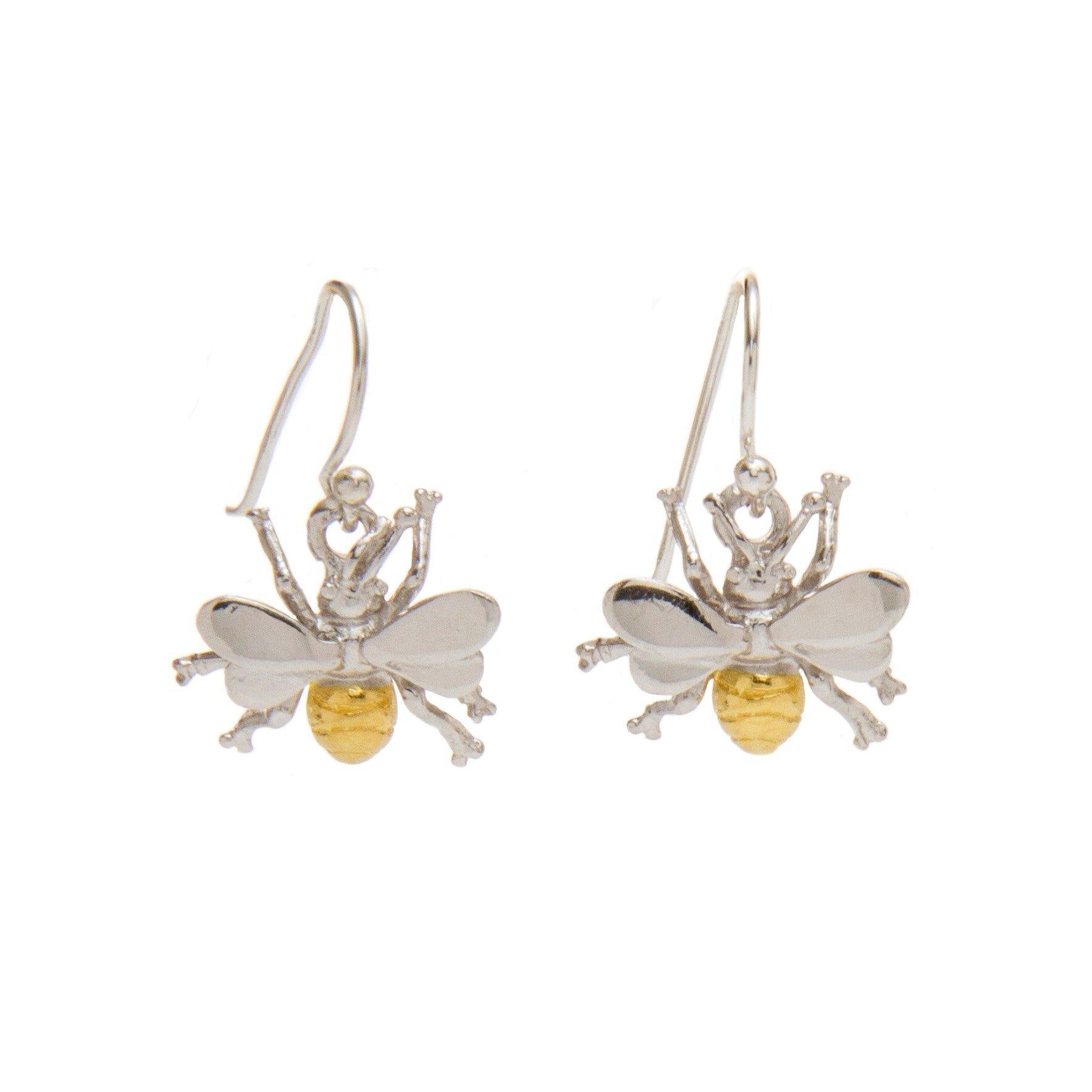 Wildlife Bee Dangle Earrings (Silver or Gold) by Watermelon Tropical, featuring silver wings and bodies with gold-toned abdomens, displayed against a white background.