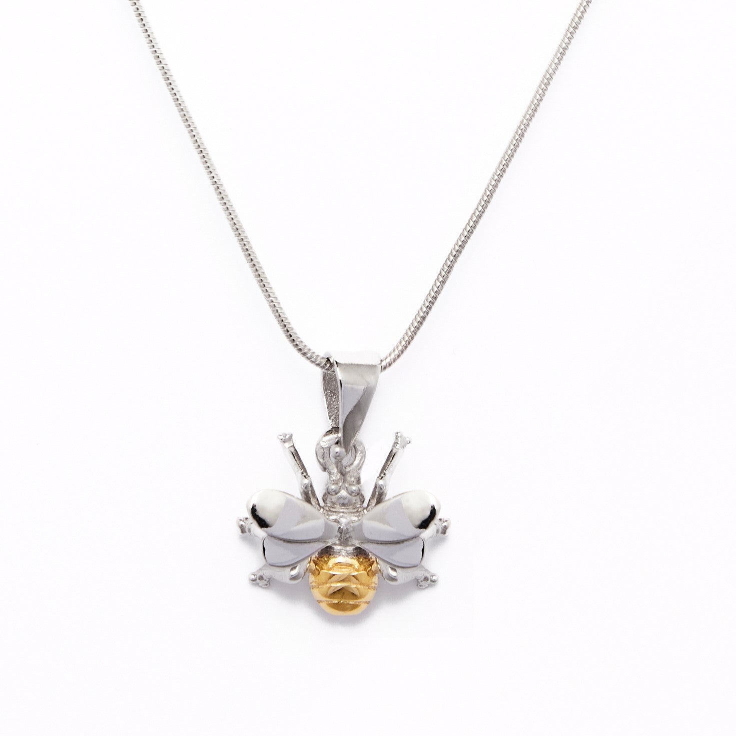 The Watermelon Tropical Wildlife Pendant - Small Bee With Chain features a silver bee design with a textured gold-toned body and gold-detailed wings, beautifully displayed against a white background.