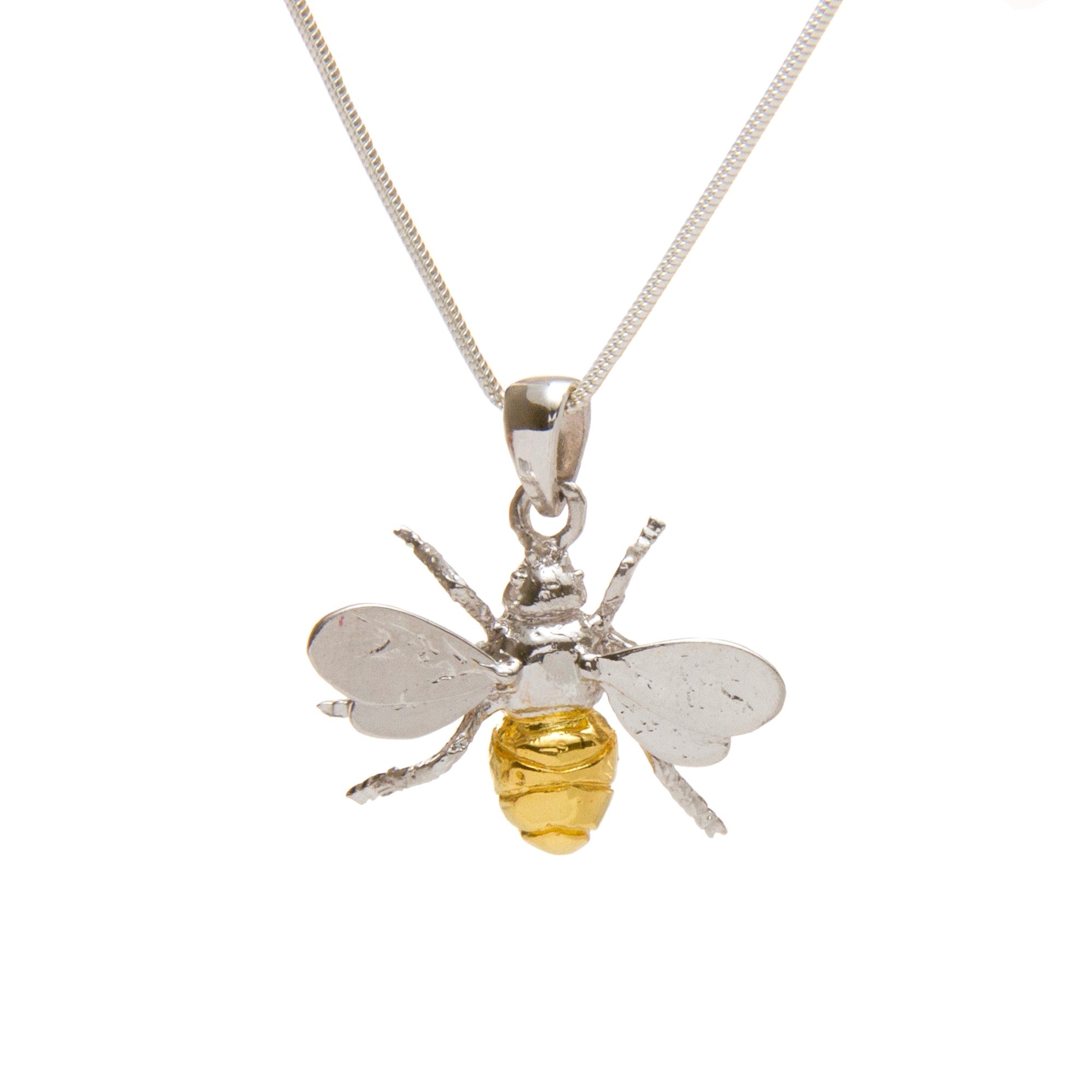 The Watermelon Tropical Wildlife Pendant - Large Bee With Chain features a gold-plated, textured bee with silver wings on a fine chain, creating a nature-inspired accessory. Presented against a white background.
