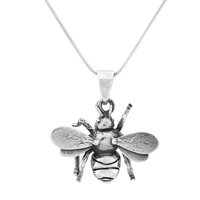 The Watermelon Tropical Wildlife Pendant - Small Bee With Chain features expert silver craftsmanship, gold-detailed wings, and a textured body and antennae, presented on a thin chain against a white background.