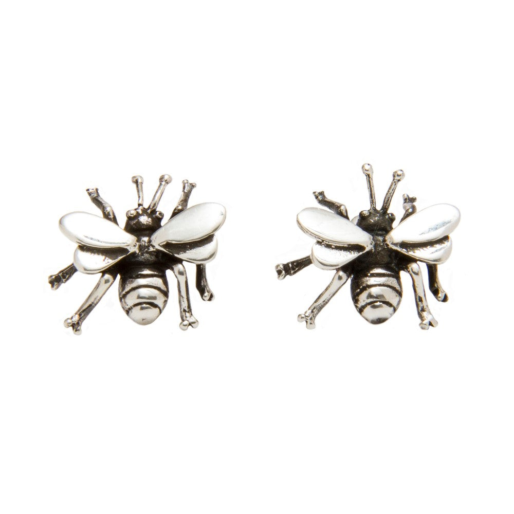 Wildlife Bee Studs by Watermelon Tropical—available in silver or gold—feature detailed wings, legs, and bodies, shown on a white background. Perfect for nature jewelry lovers!.