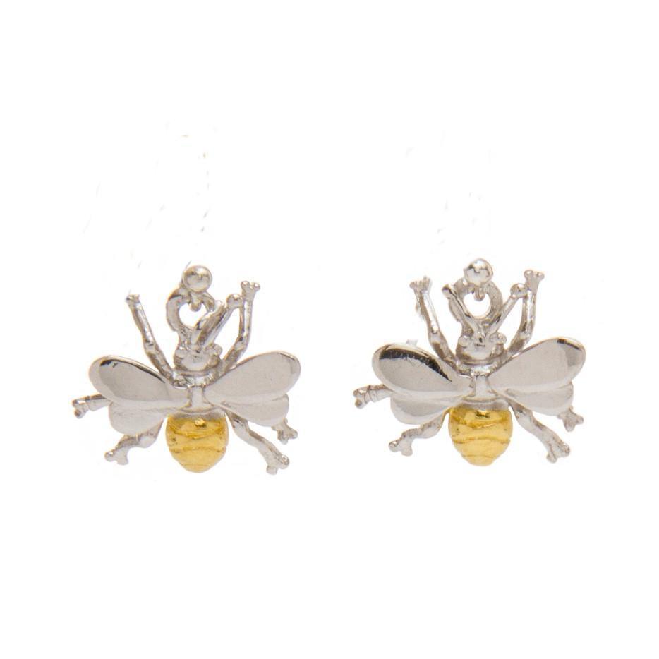 Introducing the Wildlife Bee Studs by Gallardo & Blaine Designs: These intricate bee-shaped earrings are available in both sterling silver and gold-plated finishes. The elegant design captures playful and detailed features, including delicate wings, anten