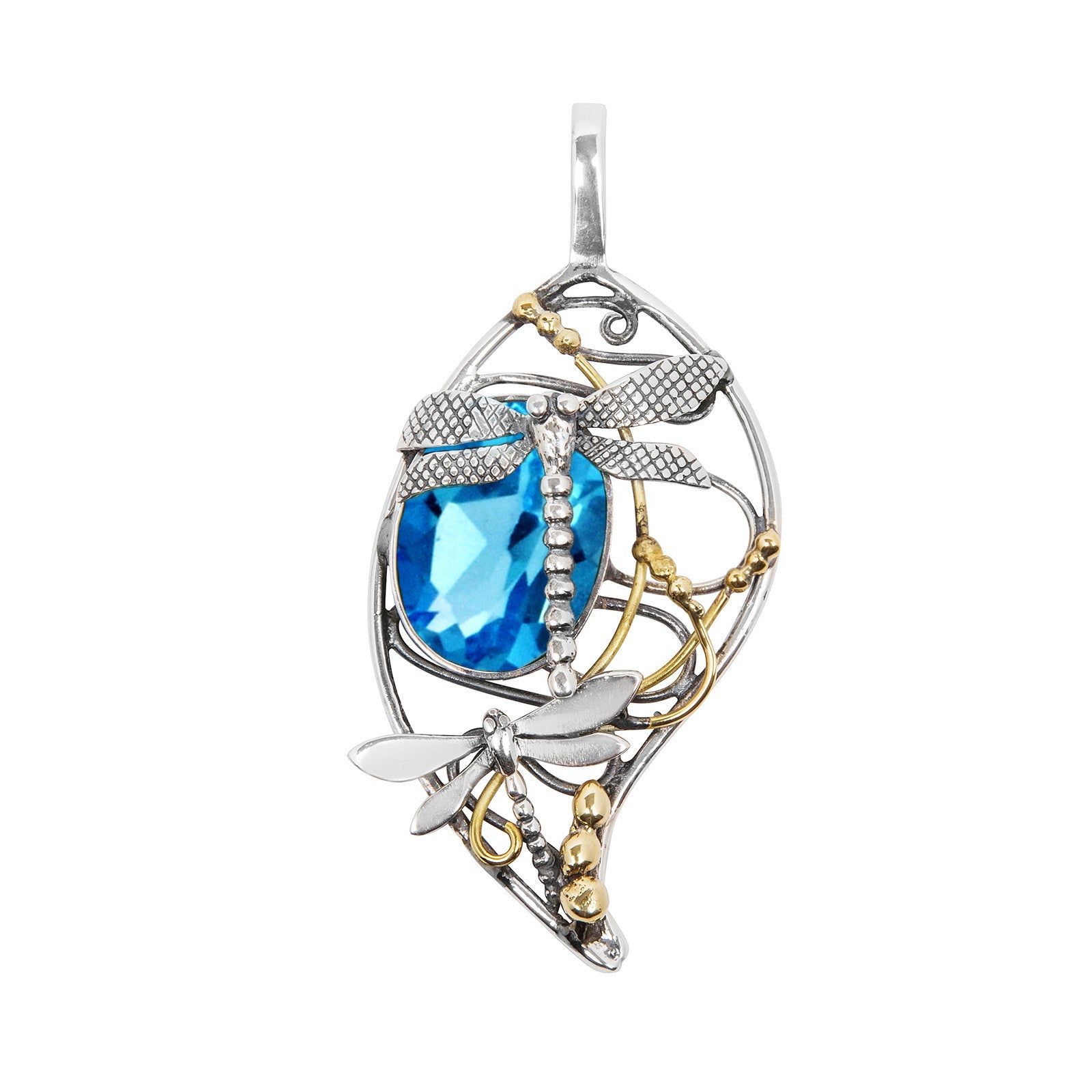 The Bullrush Pendant by Gallardo & Blaine Designs features intricate silver and gold vermeil metalwork, dragonfly motifs with detailed wings, and a striking blue gemstone for an elegant, nature-inspired look.