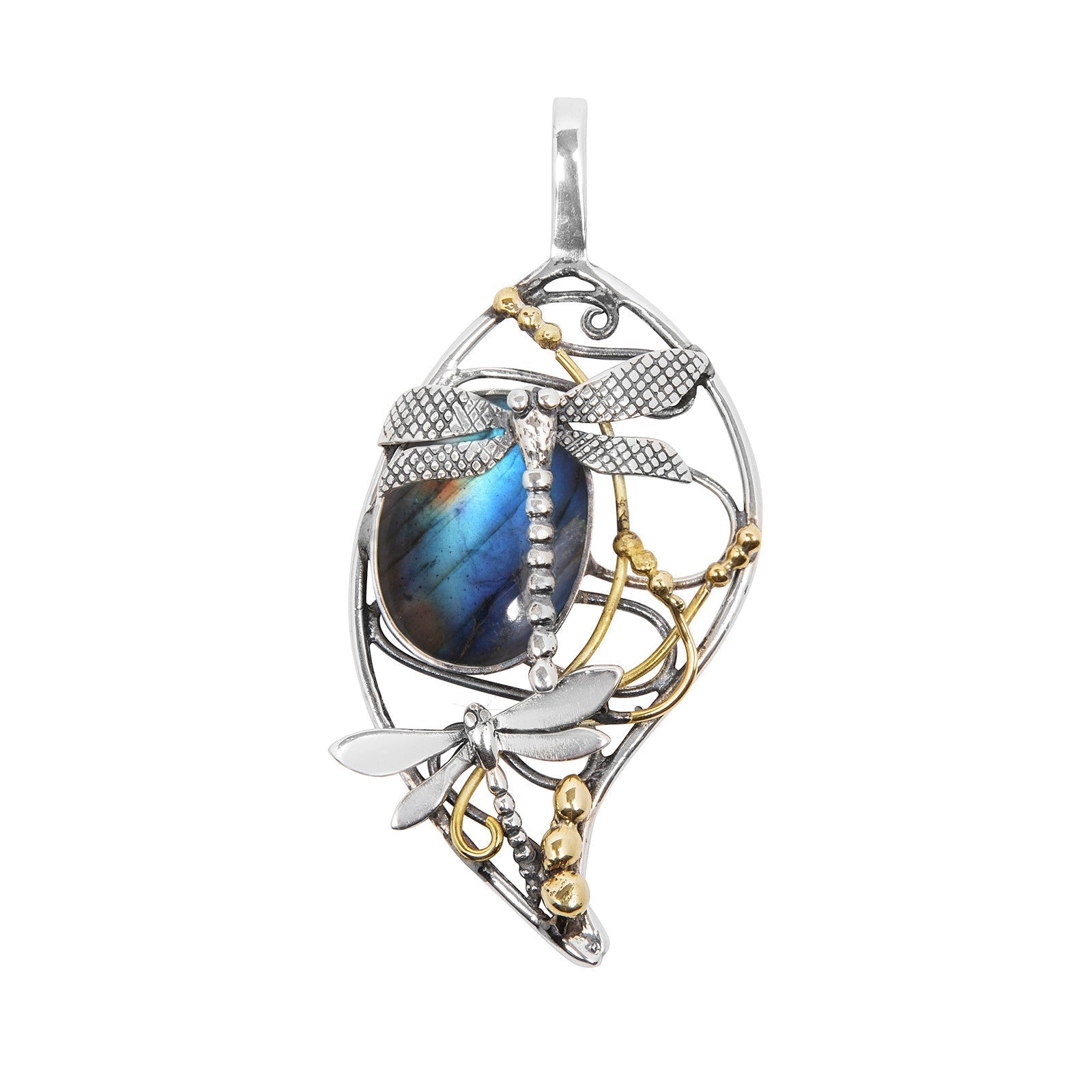 The Bullrush Pendant by Gallardo & Blaine Designs features two dragonflies with textured wings on an oval iridescent blue gemstone, adorned with elegant swirls and beaded details for a striking jewelry piece.