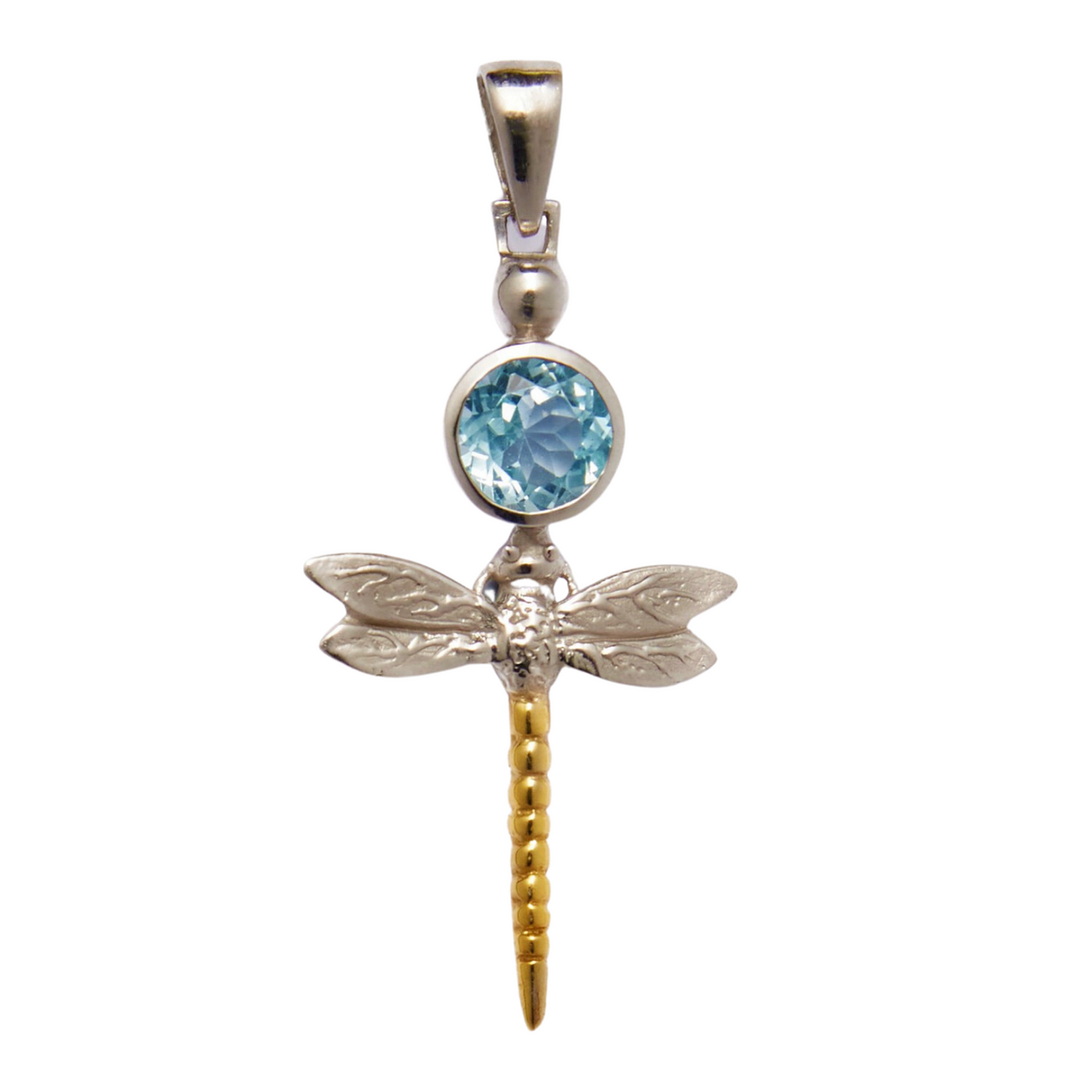 The Damsel Pendant in various gemstones is shaped like a dragonfly featuring a sterling silver body with intricately detailed wings and a gold tail. Its head boasts a round, blue gemstone. The loop for the chain is attached to the top, making it an exquis