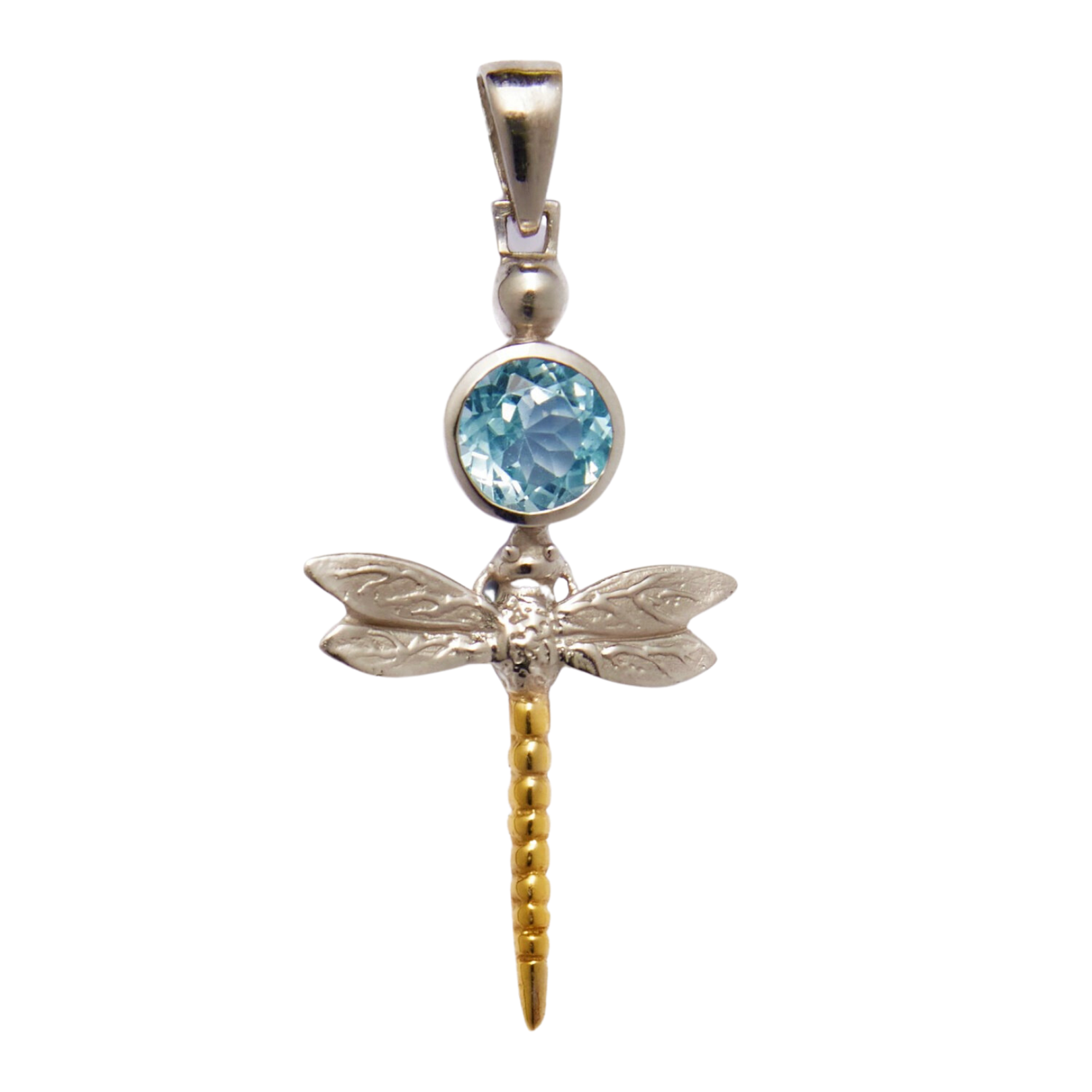The Damsel Pendant in various gemstones is shaped like a dragonfly featuring a sterling silver body with intricately detailed wings and a gold tail. Its head boasts a round, blue gemstone. The loop for the chain is attached to the top, making it an exquis