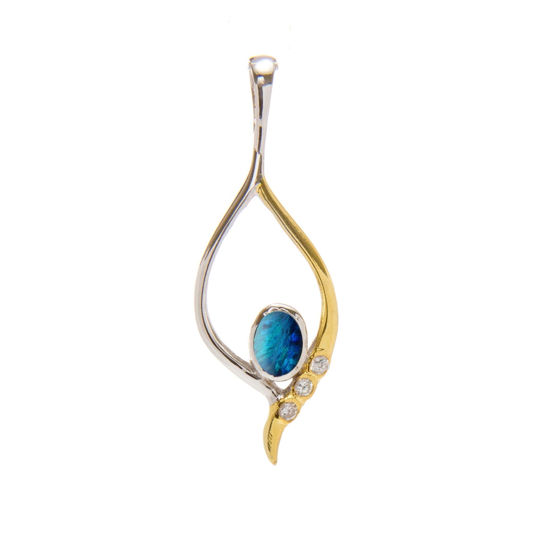 The Gallardo & Blaine Designs Desert Star Pendant in various gemstones features an elegant two-tone design with part sterling silver and part gold vermeil. Shaped in a graceful, abstract form, it curves to hold a blue gemstone encircled by three small cle