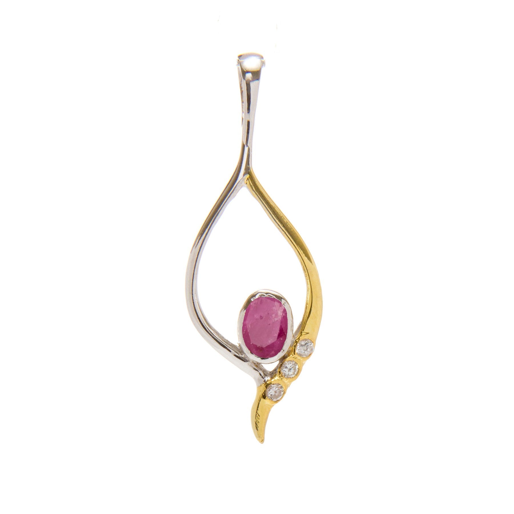 The Desert Star Pendant in various gemstones by Gallardo & Blaine Designs showcases an elegant design with gold vermeil and sterling silver intertwined into a teardrop shape. It holds a central oval-shaped red gemstone, flanked by three small round diamon