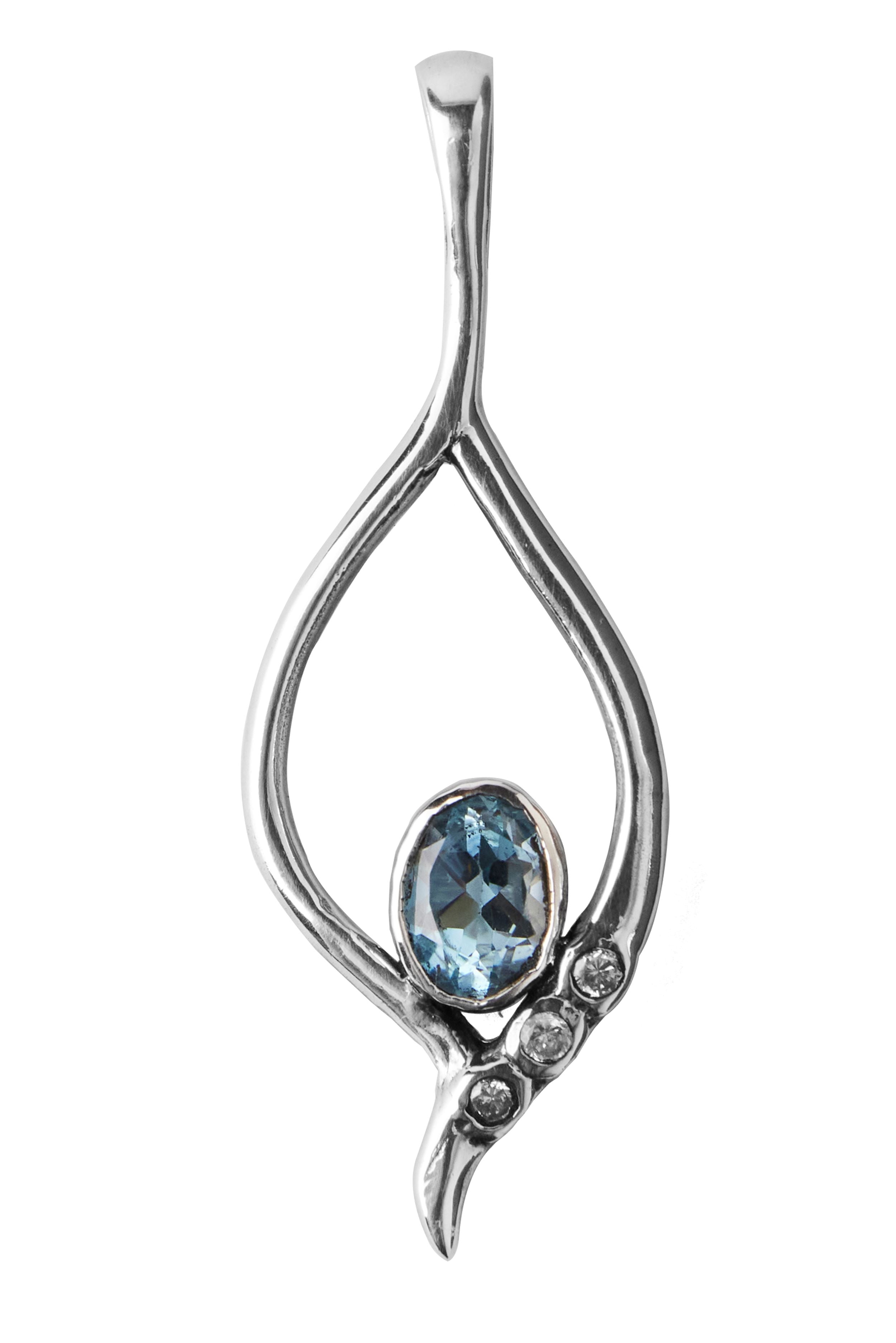 The Gallardo & Blaine Designs Desert Star Pendant in various gemstones features a silver design with an elegant, elongated loop and a central oval blue gemstone. Three small round clear stones are set along one side. The loop tapers and curves to a point