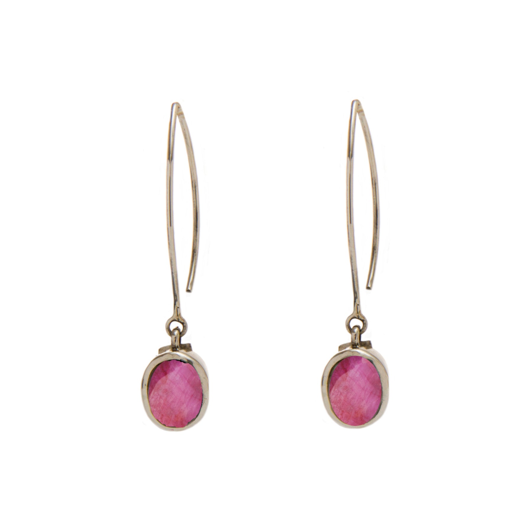 A pair of elegant Dew Drop Earrings in various gemstones with long, slender gold hooks from Gallardo & Blaine Designs. Each earring features an oval-shaped pink gemstone set in a gold bezel, dangling at the bottom. The gemstones have a faceted surface tha