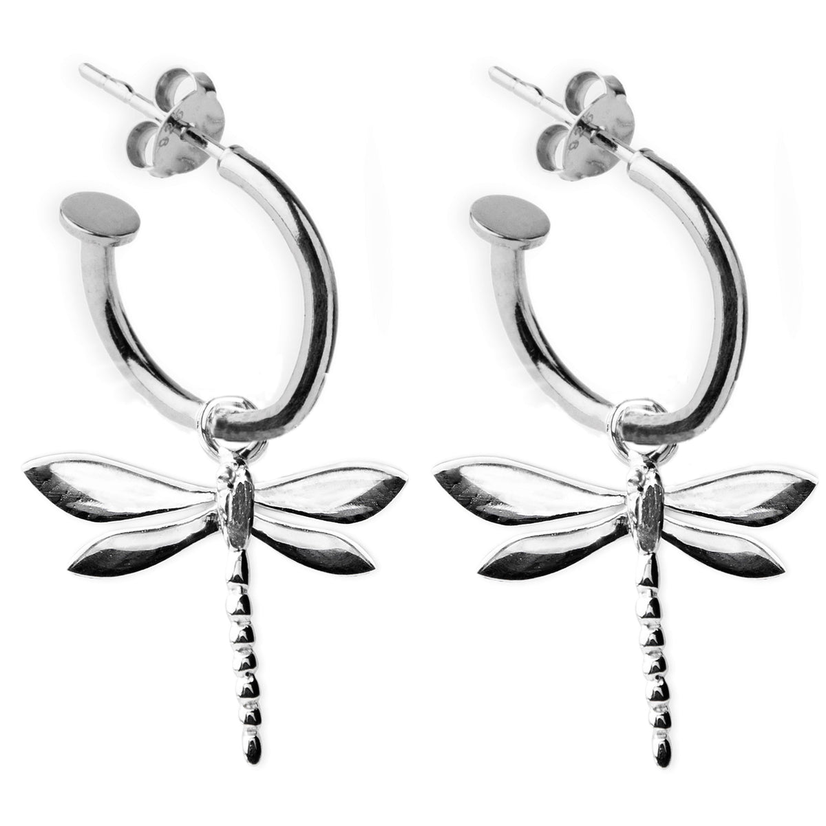 A pair of Gallardo & Blaine Designs Wildlife Dragonfly Huggies in sterling silver, featuring dragonfly charms with detailed wings and segmented bodies. The earrings come with butterfly backings and boast an elegant yet whimsical design.