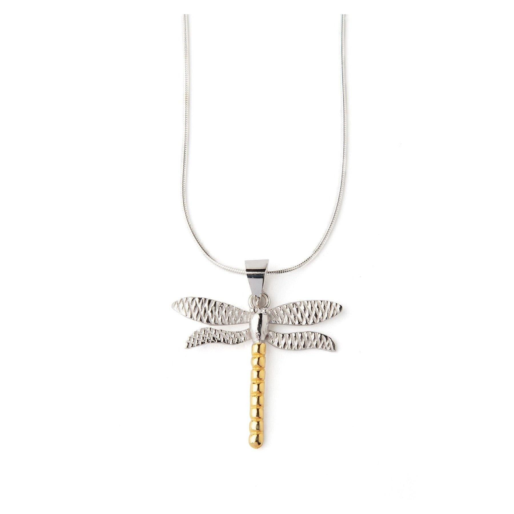 A Wildlife Pendant - Large Dragonfly With Chain featuring a silver dragonfly pendant with a golden segmented body. The detailed wings are suspended from a sleek silver snake chain. Part of our Gallardo & Blaine Designs' Wildlife Collection, the pendant co