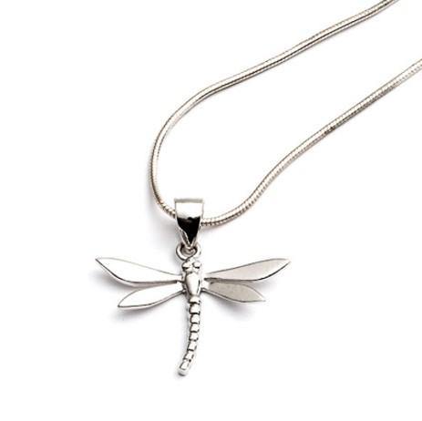 Introducing the Wildlife Pendant - Small Dragonfly With Chain by Gallardo & Blaine Designs: a stunning sterling silver necklace featuring a dragonfly pendant with intricately detailed wings and body, hanging from a thin, smooth chain. Displayed against a
