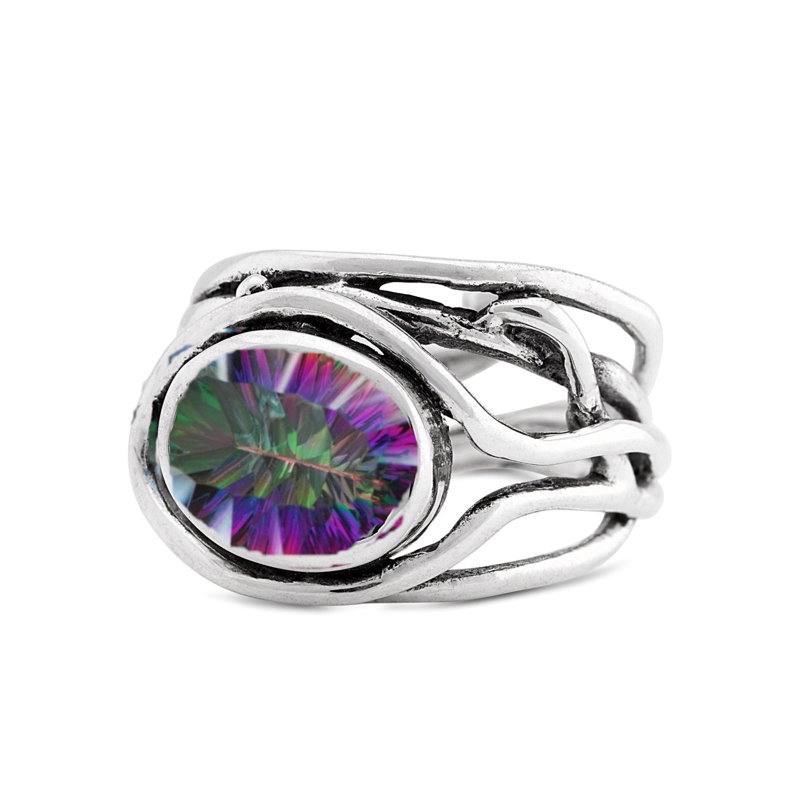 A unique **Fossil Ring in silver & various gemstones** featuring an intricate, twisting band design holding an oval-shaped, multicolored gemstone. The gemstone displays a range of colors including purple, green, and blue, and is the focal point of this ar