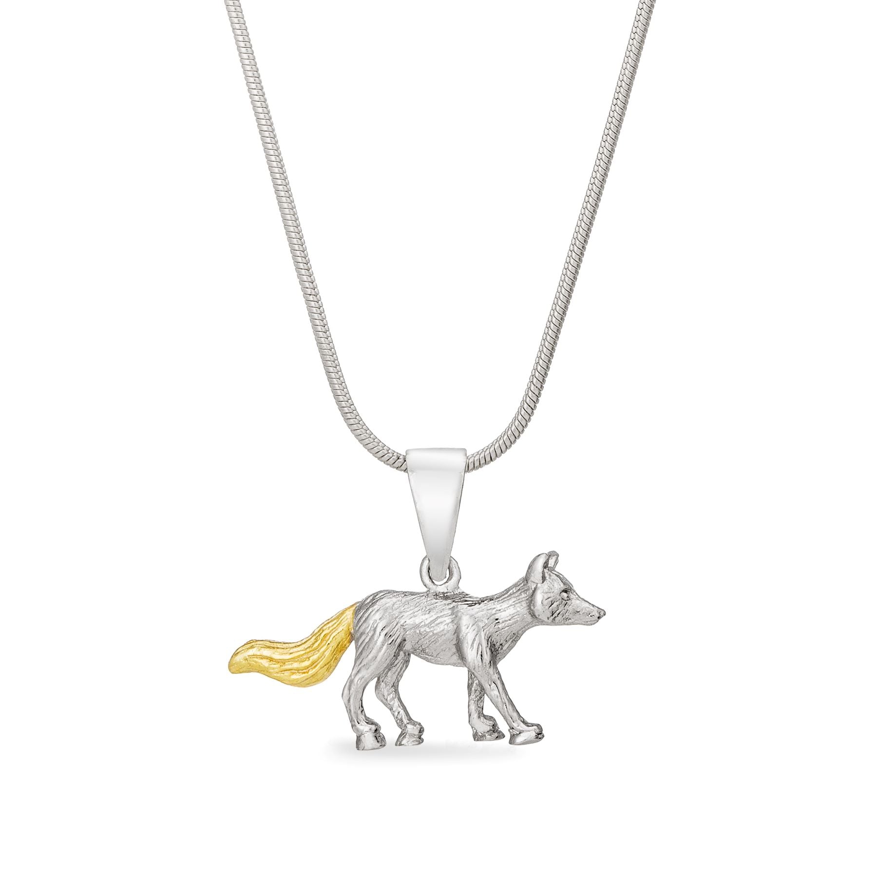 The Watermelon Tropical Wildlife Pendant - Fox With Chain features a sterling silver walking fox with a gold-plated tail on a sleek, snake-style chain.