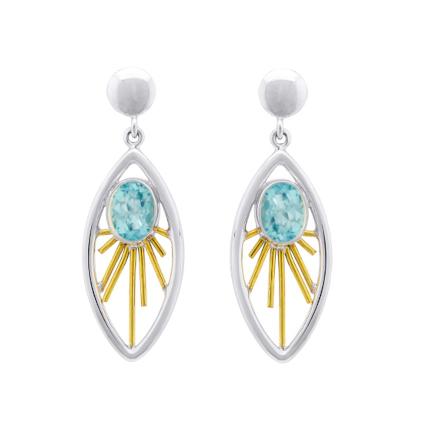 Introducing the **Goddess Earrings in various gemstones** by **Gallardo & Blaine Designs**: A pair of elegant Goddess Earrings featuring an oval turquoise stone in the center of a sunburst design. These sterling silver & gold earrings are framed by an ope