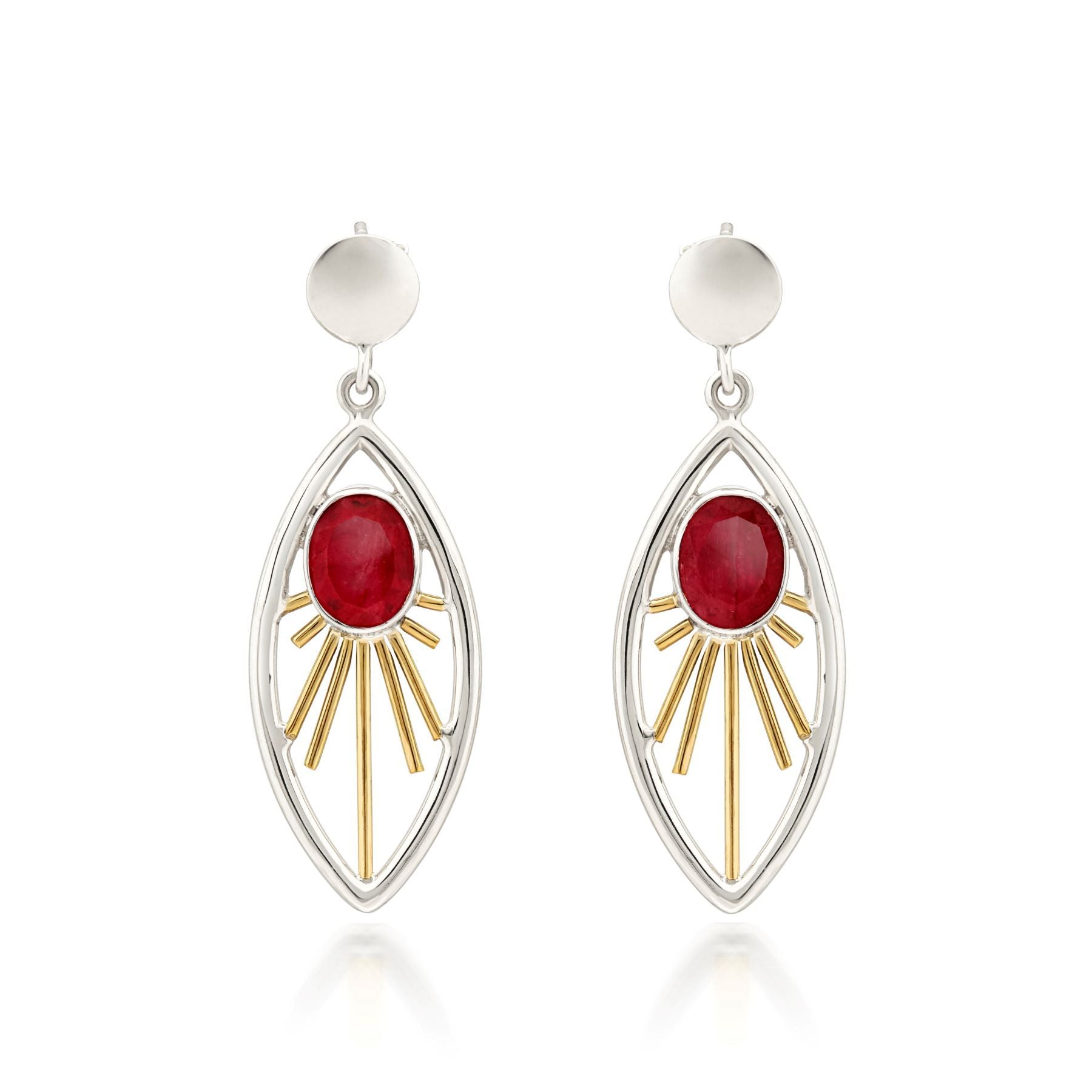 A pair of elegant Goddess Earrings in various gemstones featuring red oval gemstones set in the center of openwork marquise-shaped frames. The frames are adorned with gold-tone rays radiating from the gemstones, and the sterling silver and gold earrings a