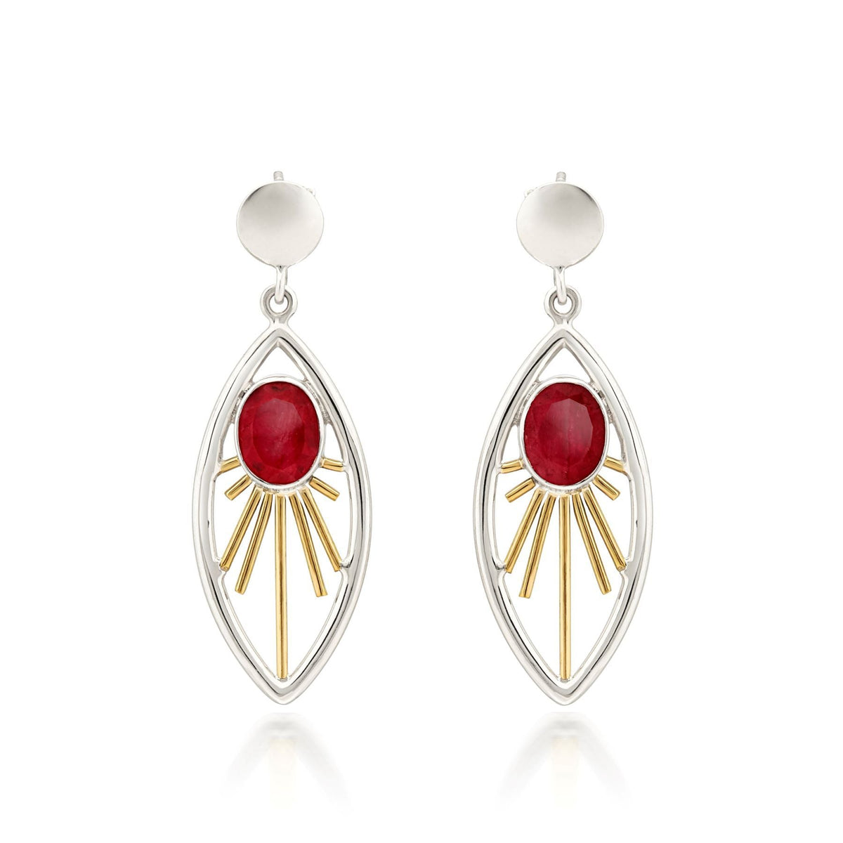 A pair of elegant Goddess Earrings in various gemstones featuring red oval gemstones set in the center of openwork marquise-shaped frames. The frames are adorned with gold-tone rays radiating from the gemstones, and the sterling silver and gold earrings a